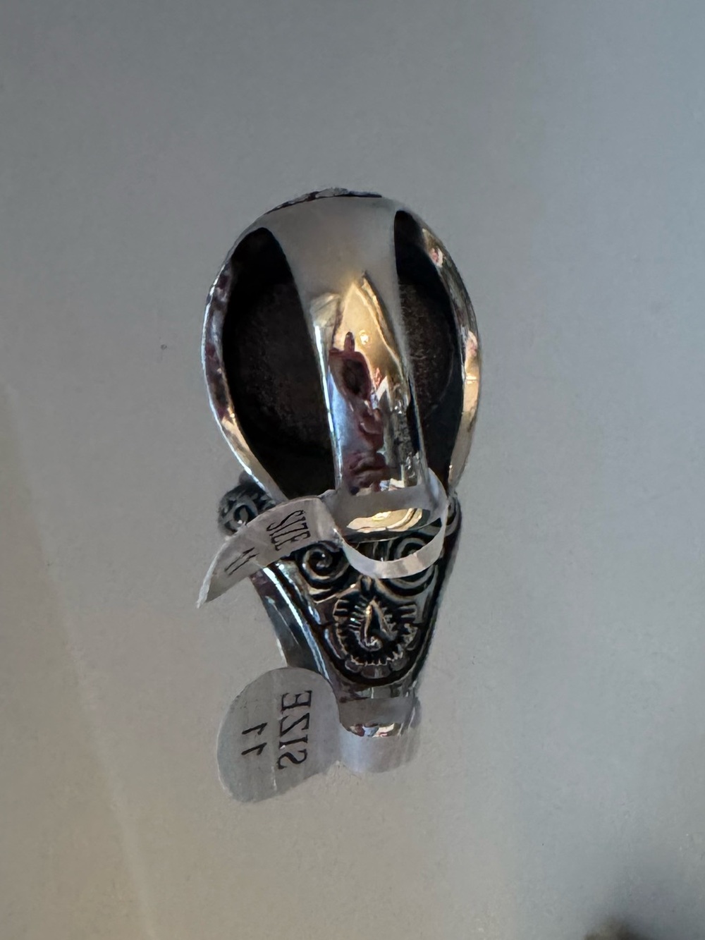 Western Turquoise Statement Ring Size 11 Silver Tone Engraved Oval Cabochon - Picture 8 of 9